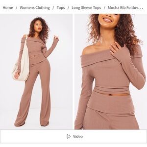 Pretty Little Thing MOCHA RIB FOLDOVER LOW RISE PANTS & TOP SET US 4 - NWT
